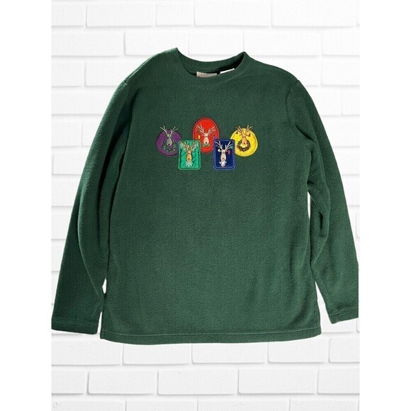 Basic Editions Women's Medium Sweater Cozy Fleece Green Reindeer Holiday - Picture 2 of 9
